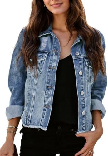 Kedera Womens Denim Jacket Distressed Frayed Ripped Jean Jac...