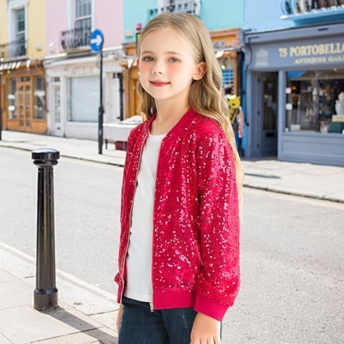 Sequin Bomber Jackets Girls Long Sleeve Zip up Jacket for Ki...