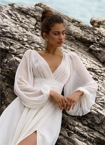 Beach Long Sleeve Wedding Dresses for Bride V Neck Empire Wa...