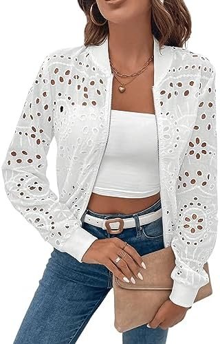 SweatyRocks Women's Long Sleeve Eyelet Embroidery Bomber Jac...