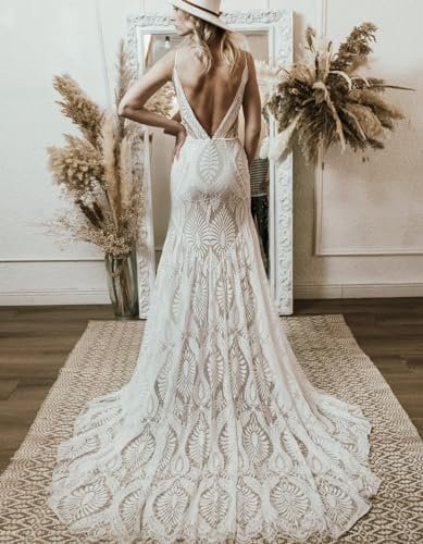 Boho Lace Wedding Dress for Brides Could Sleeves Deep V Neck...