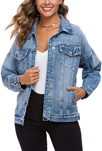 Tsher Women's Oversize Vintage Washed Denim Jacket Long Slee...