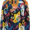 Womens Funny Cat Sweatshirt Long Sleeve Abstract Printed Cre...