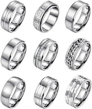 9Pcs 8MM Stainless Steel Band Rings for Men Women Chain 9Pcs 8MM Stainless Steel Band Rings for Men Women Chain Ring...