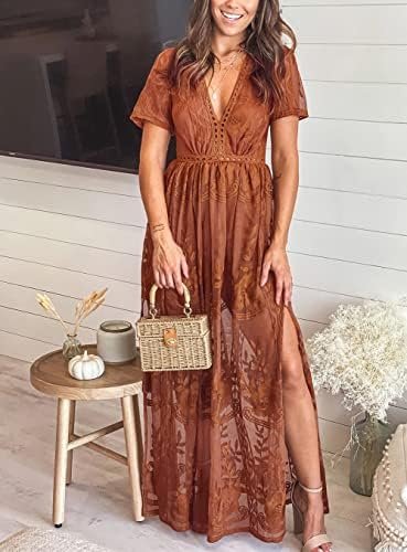 Eleter Women's Deep V-Neck Lace Romper Short Sleeve Long Dre...