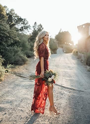 Eleter Women's Deep V-Neck Lace Romper Short Sleeve Long Dre...