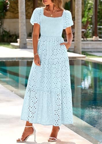 PRETTYGARDEN Summer Dresses for Women 2025 Eyelet Square Nec...
