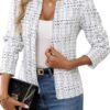 ELLEVEN Womens' Tweed Blazer Long Sleeve Jacket Notch Collar...