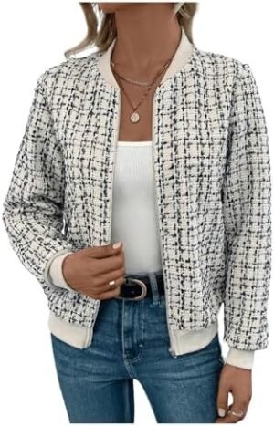 Floerns Women's Plaid Print Zip Up Bomber Jacket Casual Long... Floerns Women's Plaid Print Zip Up Bomber Jacket Casual Long...
