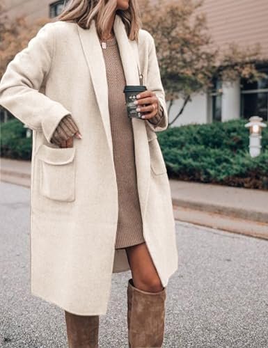 Hooever Women's Long Cardigan Wool Coat Open Front Pockets W...