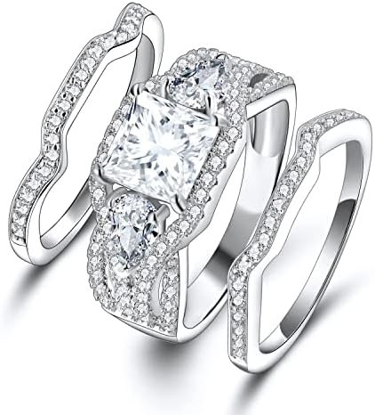 MDFUN Three-In-One Square Wedding Engagement Ring,18K White ...