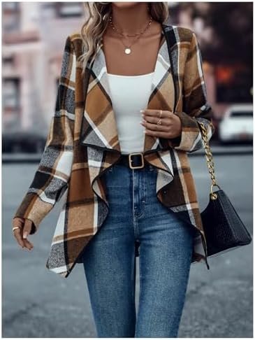 GORGLITTER Women's Plaid Open Front Waterfall Long Sleeve Co...