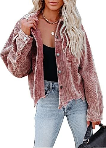 Womens Cropped Corduroy Jacket Casual Button Down Shacket Co...