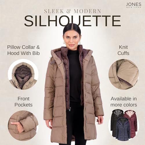 Jones NY Hooded Women's Puffer Jacket with Pillow Collar Bib...