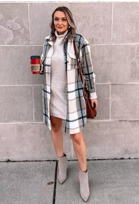 PUWEI Women's Long Flannel Plaid Jacket Shacket Cozy Lapel B...