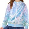 Girls Sequin Bomber Jacket Glitter Outwear Long Sleeve Zippe...