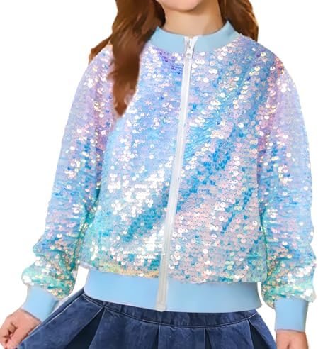 Girls Sequin Bomber Jacket Glitter Outwear Long Sleeve Zippe...