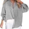 CHUOAND Womens Smocked Cuffed Striped Boyfriend Shirt Casual...