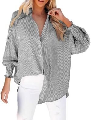 CHUOAND Womens Smocked Cuffed Striped Boyfriend Shirt Casual... CHUOAND Womens Smocked Cuffed Striped Boyfriend Shirt Casual...