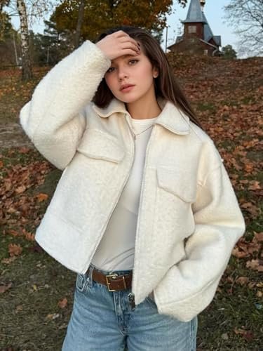 hathne Women's Wool Coat Casual Copped Bomber Jacket Zip Up ...