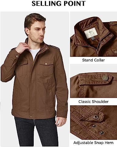 WenVen Men's Casual Washed Cotton Military Jacket