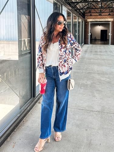 ECOWISH Women's Casual Floral Zip Up Bomber Jacket Coat Crew...