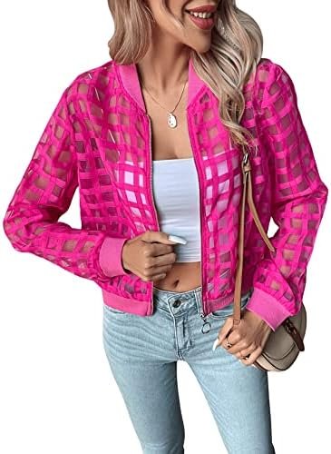 Floerns Women's Hollow Out Long Sleeve Baseball Collar Zip U...