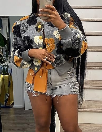 Womens Cropped Floral Print Jacket Warm Fleece Bomber Jacket...