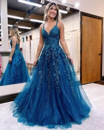 YMSHA V Neck Tulle Prom Dresses 2025 Long Sparkly Lace Forma...
