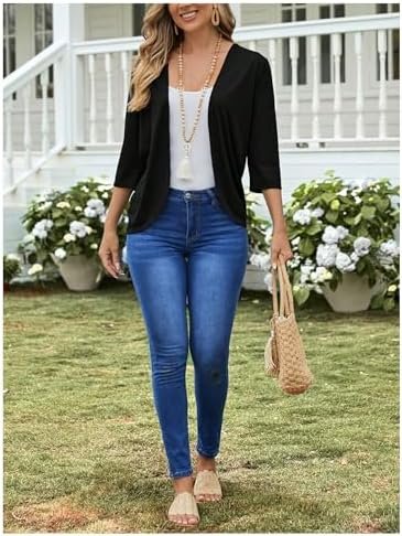 WDIRARA Women's Asymmetrical Hem Open Front Thin Jackets 3/4...