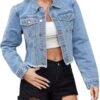 Jean Jacket Women Frayed Raw Hem Button Up Long Sleeve Cropp...