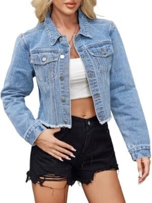 Jean Jacket Women Frayed Raw Hem Button Up Long Sleeve Jean Jacket Women Frayed Raw Hem Button Up Long Sleeve Cropp...