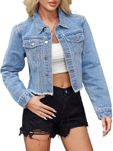 Jean Jacket Women Frayed Raw Hem Button Up Long Sleeve Cropp...