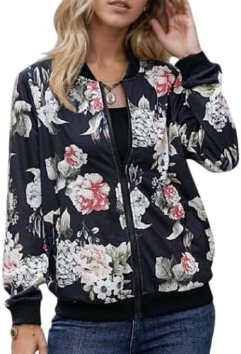 TIAFORD Womens Floral Print Zip Up Bomber Jacket Casual Loos...