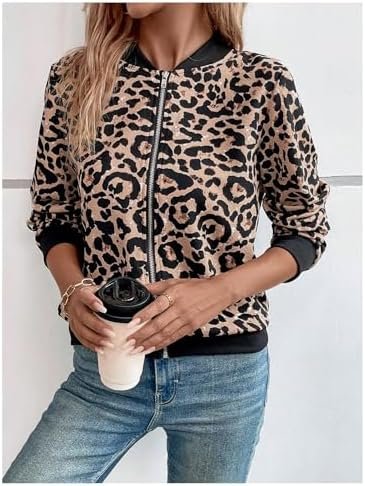 SweatyRocks Women's Leopard Print Jacket Zip Up Long Sleeve ...
