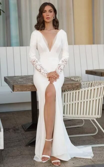 Wedding Dresses for Bride Long Sleeve Boat Neck Button Back ...