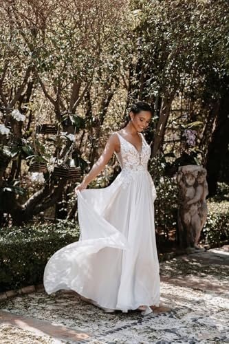 Boho Beach Wedding Dresses for Bride Lace Chiffon Backless B...