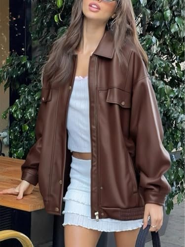 Womens Oversized Leather Jackets Faux Zip Up Motorcycle Bomb...