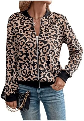 SweatyRocks Women's Leopard Print Jacket Zip Up Long Sleeve ...
