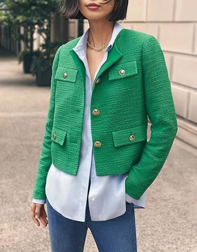 Cropped Tweed Blazer Jackets for Women Elegant Slim Collarle...