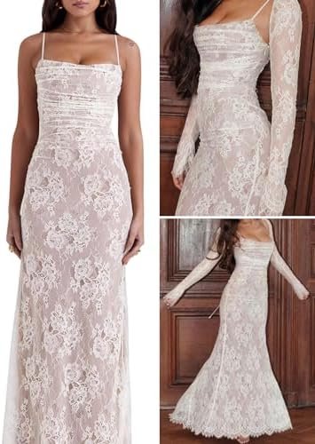 Women Cami Lace Maxi Dress Romantic Long Sleeve Lace Bodycon...