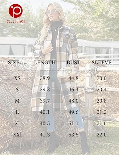 PUWEI Women's Casual Lapel Button Down Long Plaid Shirt Coat...