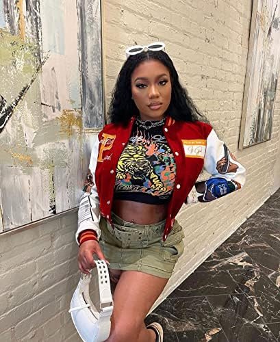 NIFTRIRY Varsity Jacket Women Patch Casual Jacket Cropped Ja...