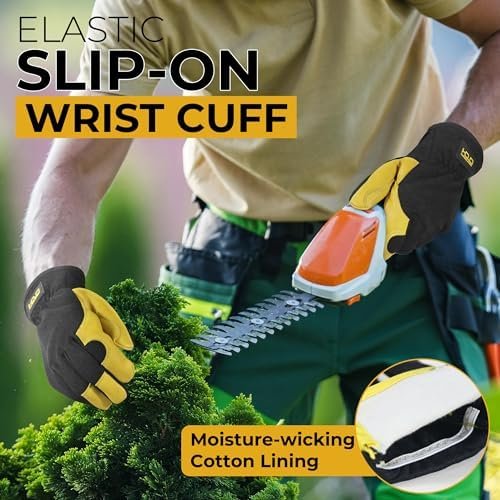 HANDLANDY Men Leather Gardening Gloves, Utility Work Gloves ...