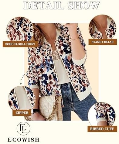 ECOWISH Women's Casual Floral Zip Up Bomber Jacket Coat Crew...
