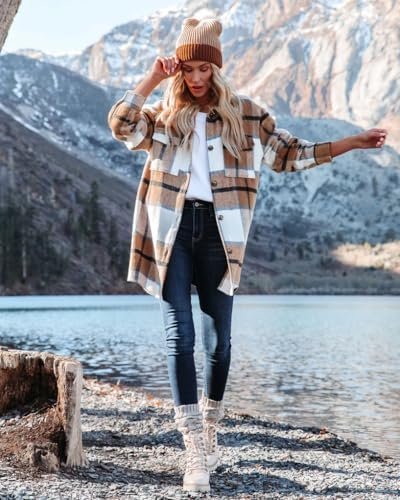 Moss Rose Womens Casual Plaid Shackets Button Down Long Slee...