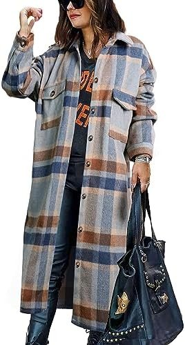 PUWEI Women's Casual Lapel Button Down Long Plaid Shirt Coat... PUWEI Women's Casual Lapel Button Down Long Plaid Shirt Coat...