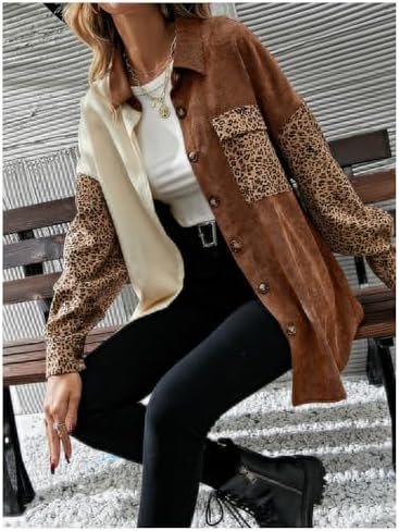 SHENHE Women's Corduroy Leopard Button Down Long Sleeve Shac...