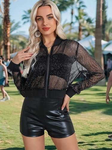 Nlife Women Sheer Mesh Sparkly Bomber Jackets See Thru Glitt...