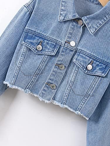 Verdusa Girl's Raw Hem Long Sleeve Single Breasted Crop Deni...